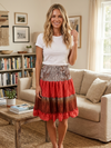 Red Boho Ruched Ruffle Skirt – Printed Summer Beach Maxi Skirt with Elastic Waist S/M