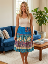 Blue Floral Summer Skirt – Flowy Ruched Maxi with Comfortable Elastic Waist S/M