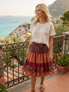 Red Floral Boho Skirt – Summer Ruched Maxi Skirt with Elastic Waist S/M