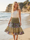 Moss Green Boho Skirt – Recycled Silk Summer Maxi Skirt with Ruched Elastic Waist S/M