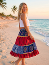 Boho Red Blue Recycled Silk Skirt – Ruched Elastic Waist Summer Beach Maxi Skirt S/M