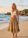 Boho Yellow Recycled Silk Skirt – Ruched Elastic Waist Summer Beach Maxi Skirt S/M