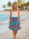 Women’s Blue Floral Mini Skirt – High Waist Elastic A-Line Bohemian Skirt  S/M