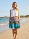 Women’s Blue Floral Tiered Mini Skirt – Bohemian Elastic Waist Vacation Skirt   S/M