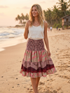 Women’s Red Smocked Mini Skirt – Printed High Waist Bohemian Silk Skirt S/M