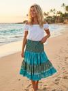 Women’s Blue Floral Boho Mini Skirt – High Elastic Waist Ruched Summer Skirt S/M