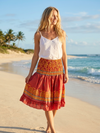 Women’s Dark Red Tiered Skirt – Ruched Elastic Waist Boho Mini Skirt  S/M