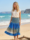 Women’s Blue Floral Tiered Skirt – High Waisted Smocked Boho Summer Skirt  S/M