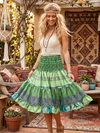 Women’s Boho Smocked Green Floral Tiered Mini Skirt – Elastic Waist Summer Skirt S/M