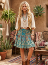 Bohemian Teal Beach Skirt – Flowy Ruched Recycled Silk Skirt for Women S/M