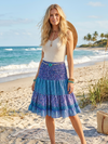 Flowy Blue Ruched Skirt – Smocked Recycled Silk Boho Beach Maxi Skirt for Women S/M