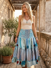 Women’s Blue Floral Recycled Silk Skirt – High Waist Elastic Ruched Boho Beach Maxi Skirt  S/M