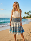 Women’s Blue Floral Ruched Mini Skirt – High Waisted Smocked Elastic Beach Skirt S/M