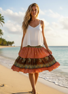 Boho Brown Floral Summer Skirt – Women’s Ruched Recycled Silk Beach Skirt  S/M