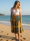 Women’s Yellow Floral Ruched Skirt – Recycled Silk Boho Beach Skirt | Hippie Style S/M