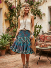Boho Beach Skirt for Women – Dark Blue & Black Recycled Silk Smocked Waist Skirt  S/M
