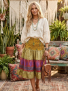 Beige Green Boho Silk Skirt – Women’s Smocked Waist Beach Skirt S/M