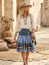 Women’s Blue Boho Silk Skirt – Smocked Waist Ruched Beach Skirt  S/M