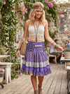 Women’s Purple Floral Ruched Silk Skirt – Recycled Boho Beach Skirt S/M
