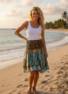 Women’s Blue Floral Ruched Skirt – Recycled Silk Boho Beach Maxi Skirt with Elastic Waist S/M