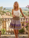 Women’s Beige & Purple Floral Ruched Skirt – Recycled Silk Boho Beach Maxi S/M