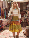 Women’s Yellow Floral Silk Maxi Skirt – Recycled Smocked Boho Beach & Summer Style S/M
