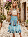 Women’s Sky Blue Floral Silk Maxi Skirt – Recycled Boho Ruched Summer Beach Style S/M