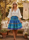 Women’s Cobalt Blue Floral Recycled Silk Skirt – Ruched Boho Summer Beach & Festival Wear S/M
