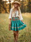 Women’s Sea Blue Floral Ruched Recycled Silk Skirt – Boho Beachy Summer Skirt S/M