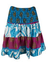 Womens Summer Ruched Skirt  Blue, White Floral Beach Recycle Silk Skirts S/M
