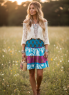 Women’s Blue Floral Ruched Boho Skirt – Recycled Silk with Smocked Waist S/M
