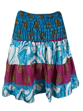Womens Summer Ruched Skirt  Blue, White Floral Beach Recycle Silk Skirts S/M