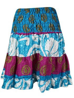 Womens Summer Ruched Skirt  Blue, White Floral Beach Recycle Silk Skirts S/M