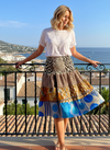 Blue & Brown Smocked Recycled Silk Boho Skirt – Women’s Flowy Summer Beach S/M