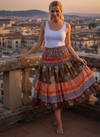 Brown & Pink Floral Recycled Silk Boho Skirt – Women’s Elastic Waist Summer Beach S/M