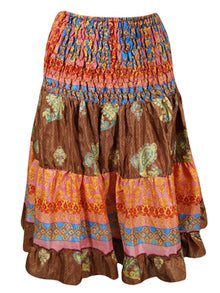  Women Boho Chic Skirt Brown, Pink Floral Beach Recycle Silk Stylish Skirts S/M