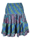 Womens Summer Ruched Skirt Tufts Blue Floral Beach Recycle Silk Skirts S/M