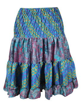 Womens Summer Ruched Skirt Tufts Blue Floral Beach Recycle Silk Skirts S/M