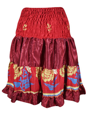 Women Summer Elastic Skirt, Red Beach Recycle Silk Skirts S/M