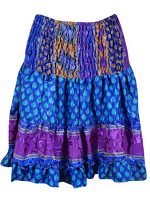  Womens Summer Ruched Skirt Tufts Blue Floral Beach Recycle Silk Skirts S/M