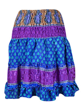 Womens Summer Ruched Skirt Tufts Blue Floral Beach Recycle Silk Skirts S/M