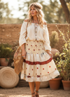 Women’s Beige Dot Print Recycled Silk Skirt – Boho Chic Smocked Waist Beach Maxi Skirt S/M