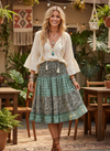 Women’s Green Floral Ruched Recycled Silk Skirt – Boho Smocked Waist Summer Skirt S/M