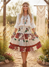 Women’s Red Floral Boho Skirt – Recycled Silk Beachwear with Smocked Waist S/M