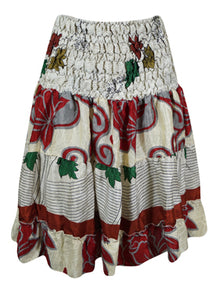  Women Boho Chic Skirt  Red Floral Beach Recycle Silk Stylish Skirts S/M