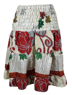 Women Boho Chic Skirt  Red Floral Beach Recycle Silk Stylish Skirts S/M