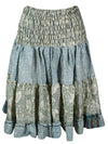  Summer Ruched Skirt Light Blue ,Green Floral Beach Recycle Silk Skirts S/M