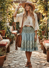 Women’s Light Blue & Green Floral Recycled Silk Skirt – Boho Ruched Summer Beach  S/M