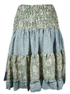 Summer Ruched Skirt Light Blue ,Green Floral Beach Recycle Silk Skirts S/M