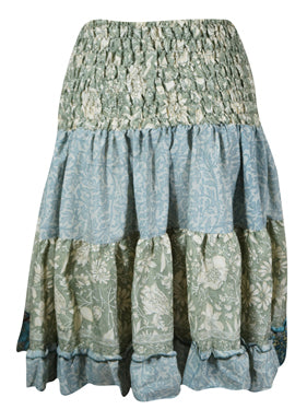 Summer Ruched Skirt Light Blue ,Green Floral Beach Recycle Silk Skirts S/M